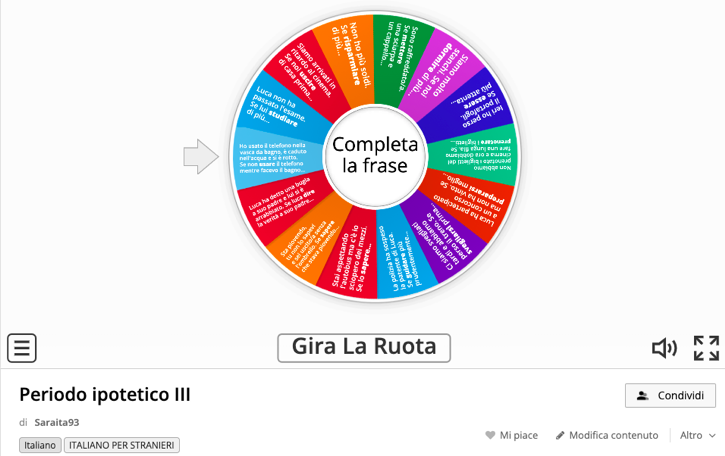 wheel spinner with the prompt to complete sentences in Italian